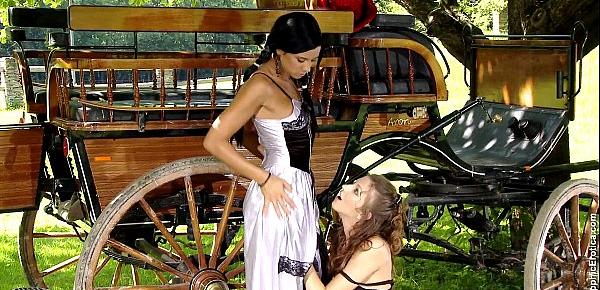  Classic period lesbians Juliette and Ashley have fun by the wagon